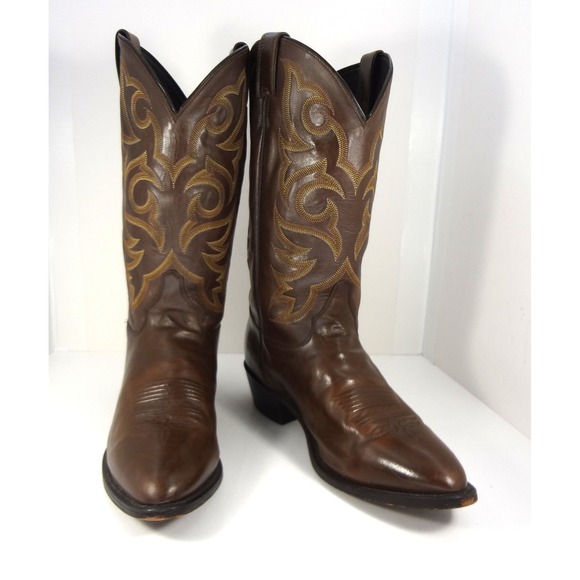 Justin Brown Leather Western Cowboy Boots Detail Stitching Point Toe Mens 10.5EE